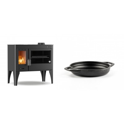 Set Küchenofen / Küchenhexe mit Backofen und Kochplatte Velmora Fire ATS ΜΑSΙΝΑ PLUS 500, 11.2kW + Emaillierte gusseisenpfanne mit zwei Griffen Solagio, Black Onyx, Ф16cm - Kaminofen - Holzofen mit Backfach