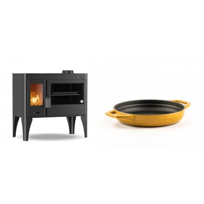 Set Küchenofen / Küchenhexe mit Backofen und Kochplatte Velmora Fire ATS ΜΑSΙΝΑ PLUS 500, 11.2kW + Emaillierte gusseisenpfanne mit zwei Griffen Solagio, Dijon, Ф16cm - Kaminofen - Holzofen mit Backfach
