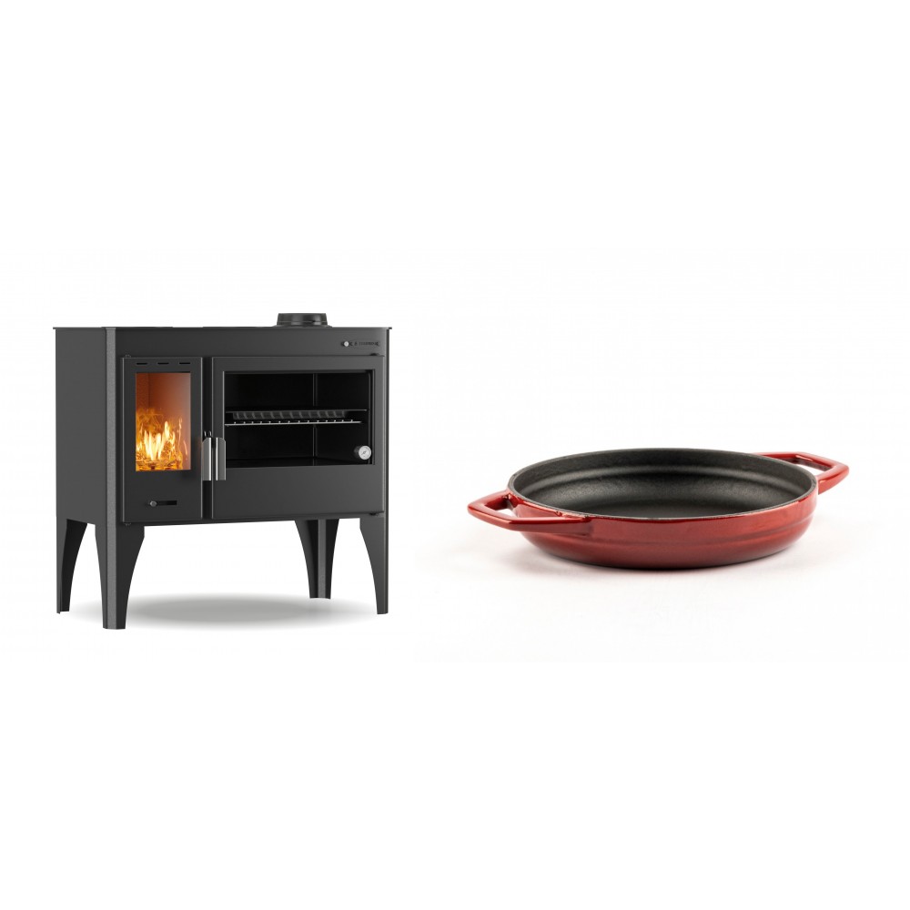 Set Küchenofen / Küchenhexe mit Backofen und Kochplatte Velmora Fire ATS ΜΑSΙΝΑ PLUS 500, 11.2kW + Emaillierte gusseisenpfanne mit zwei Griffen Solagio, Rubin, Ф16cm | Holzofen | Kaminofen |