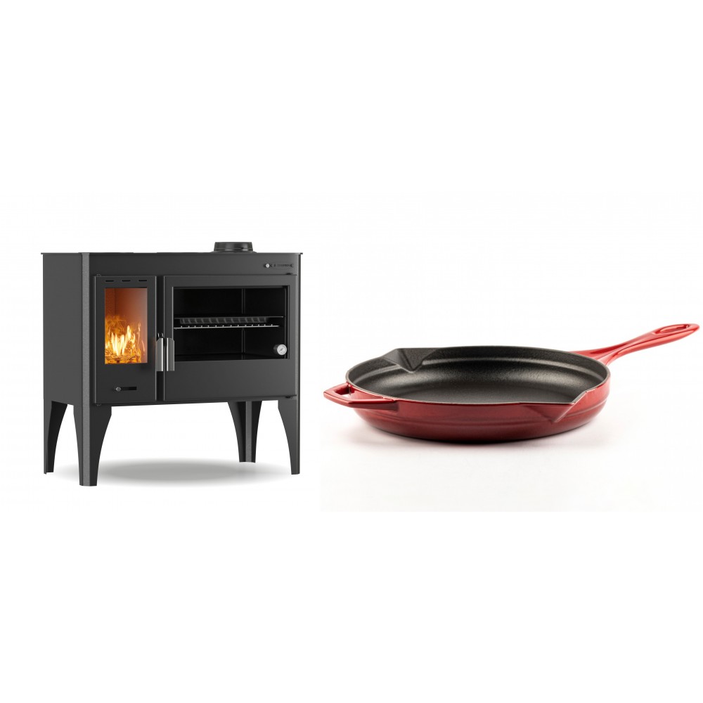 Set Küchenofen / Küchenhexe mit Backofen und Kochplatte Velmora Fire ATS ΜΑSΙΝΑ PLUS 500, 11.2kW + Emaillierte Gusseisenpfanne Solagio, Rubin, Ф28cm | Holzofen | Kaminofen |