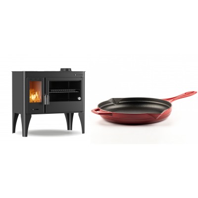 Set Küchenofen / Küchenhexe mit Backofen und Kochplatte Velmora Fire ATS ΜΑSΙΝΑ PLUS 500, 11.2kW + Emaillierte Gusseisenpfanne Solagio, Rubin, Ф28cm - Kaminofen - Holzofen mit Backfach