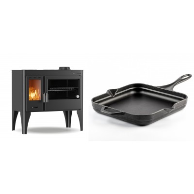 Set Küchenofen / Küchenhexe mit Backofen und Kochplatte Velmora Fire ATS ΜΑSΙΝΑ PLUS 500, 11.2kW + Emaillierte Gusseisenpfanne Solagio, Black Onyx, 28x28cm - Kaminofen - Holzofen mit Backfach