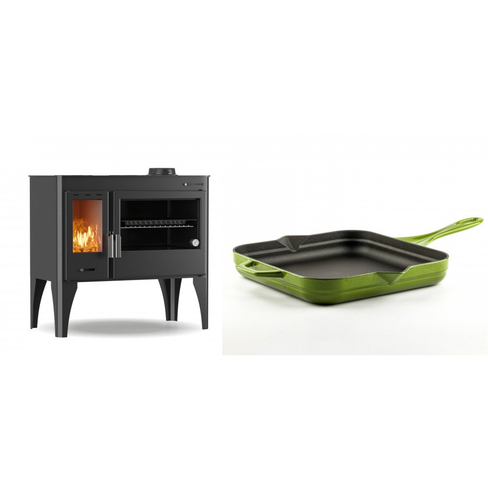 Set Küchenofen / Küchenhexe mit Backofen und Kochplatte Velmora Fire ATS ΜΑSΙΝΑ PLUS 500, 11.2kW + Emaillierte Gusseisenpfanne Solagio, Bamboo, 28x28cm | Holzofen | Kaminofen |