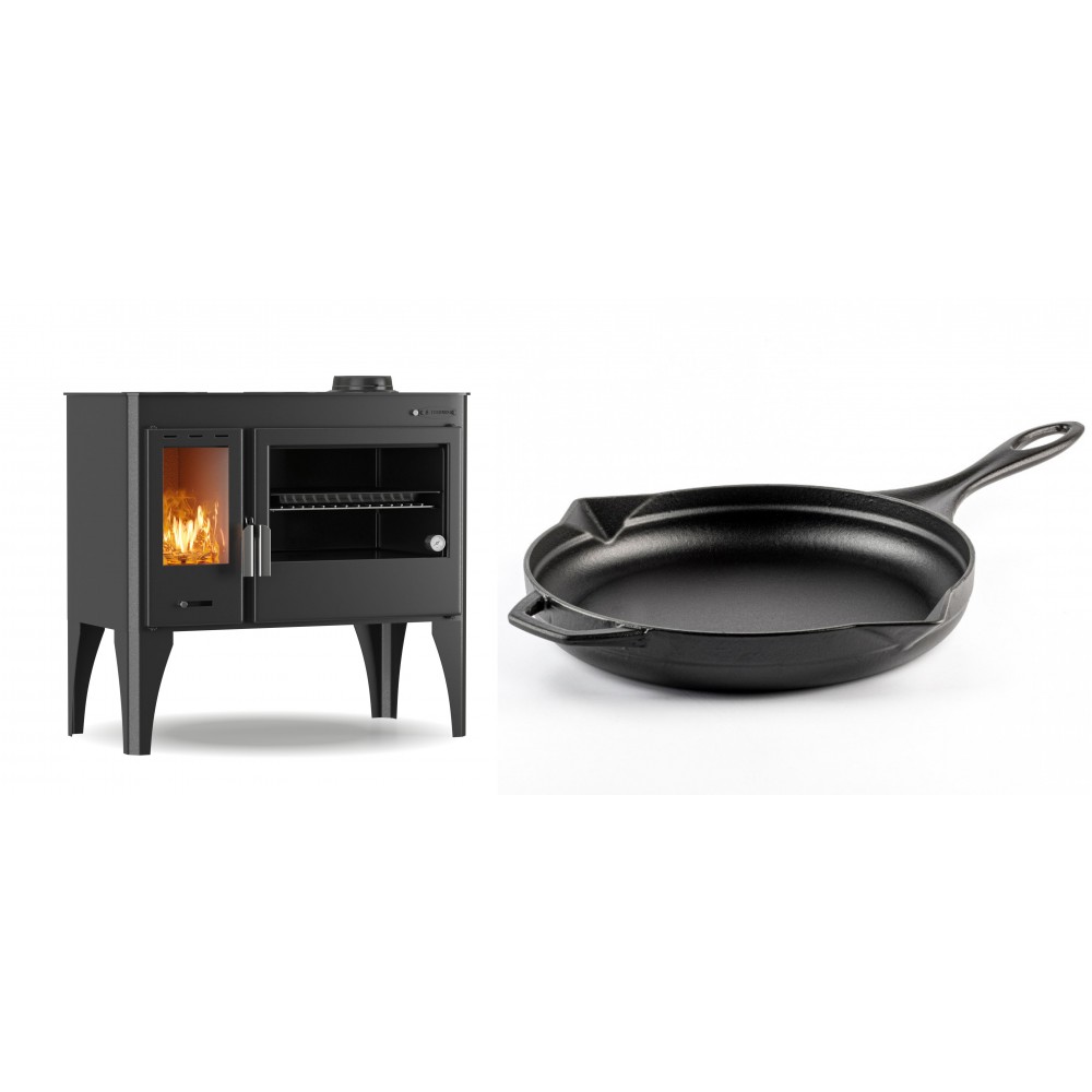 Set Küchenofen / Küchenhexe mit Backofen und Kochplatte Velmora Fire ATS ΜΑSΙΝΑ PLUS 500, 11.2kW + Emaillierte Gusseisenpfanne Solagio, Black Onyx, Ф28cm | Holzofen | Kaminofen |
