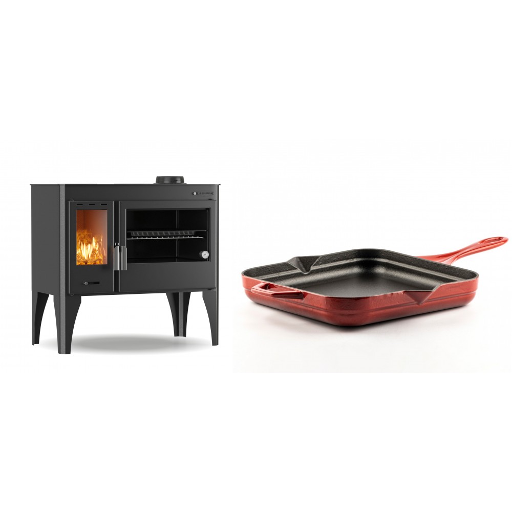 Set Küchenofen / Küchenhexe mit Backofen und Kochplatte Velmora Fire ATS ΜΑSΙΝΑ PLUS 500, 11.2kW + Emaillierte Gusseisenpfanne Solagio, Rubin, 28x28cm | Holzofen | Kaminofen |