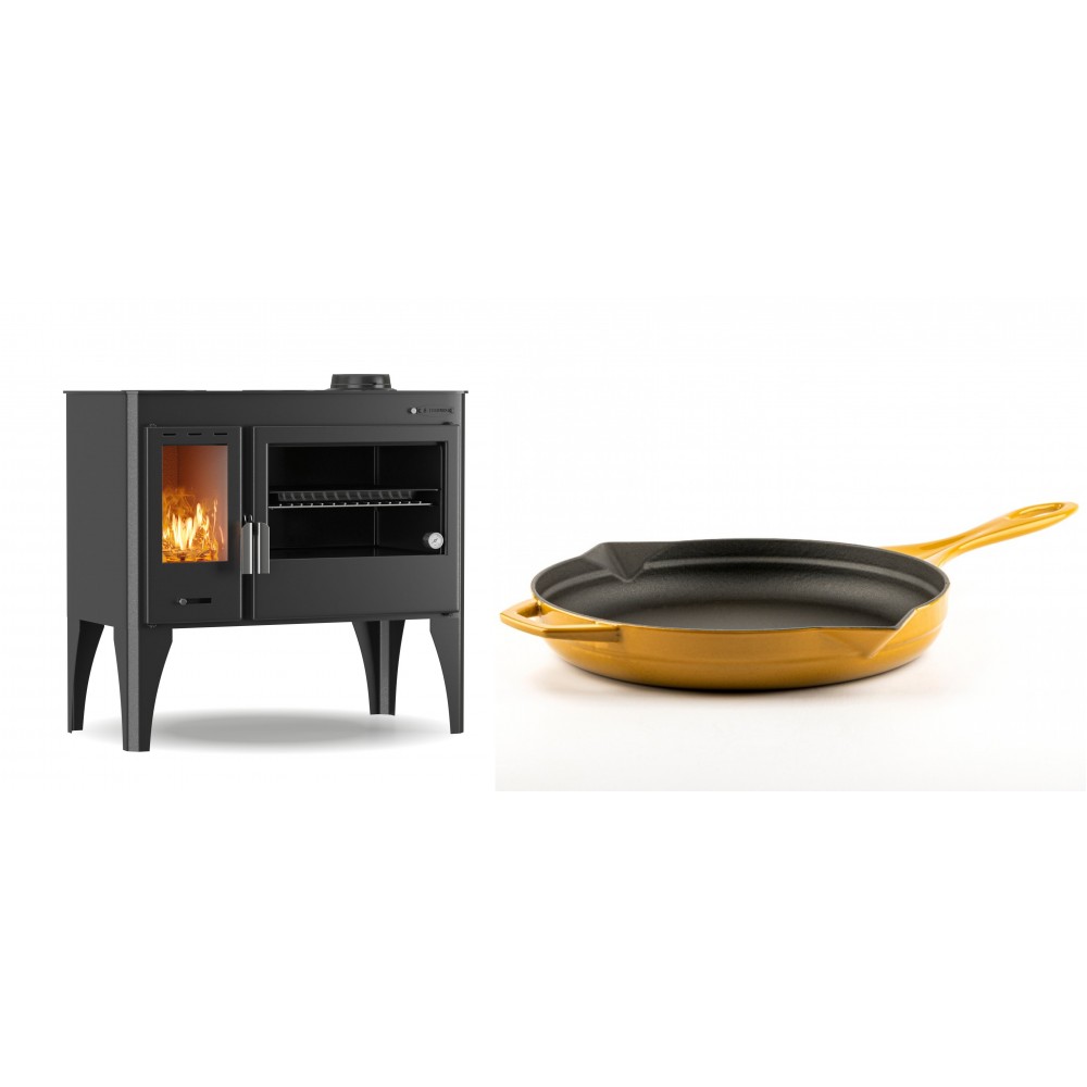 Set Küchenofen / Küchenhexe mit Backofen und Kochplatte Velmora Fire ATS ΜΑSΙΝΑ PLUS 500, 11.2kW + Emaillierte Gusseisenpfanne Solagio, Dijon, Ф28cm
