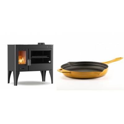 Set Küchenofen / Küchenhexe mit Backofen und Kochplatte Velmora Fire ATS ΜΑSΙΝΑ PLUS 500, 11.2kW + Emaillierte Gusseisenpfanne Solagio, Dijon, Ф28cm - Kaminofen - Holzofen mit Backfach