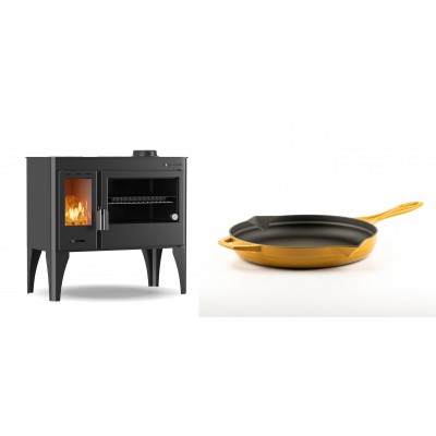 Set Küchenofen / Küchenhexe mit Backofen und Kochplatte Velmora Fire ATS ΜΑSΙΝΑ PLUS 500, 11.2kW + Emaillierte Gusseisenpfanne Solagio, Dijon, Ф24cm - Kaminofen - Holzofen mit Backfach