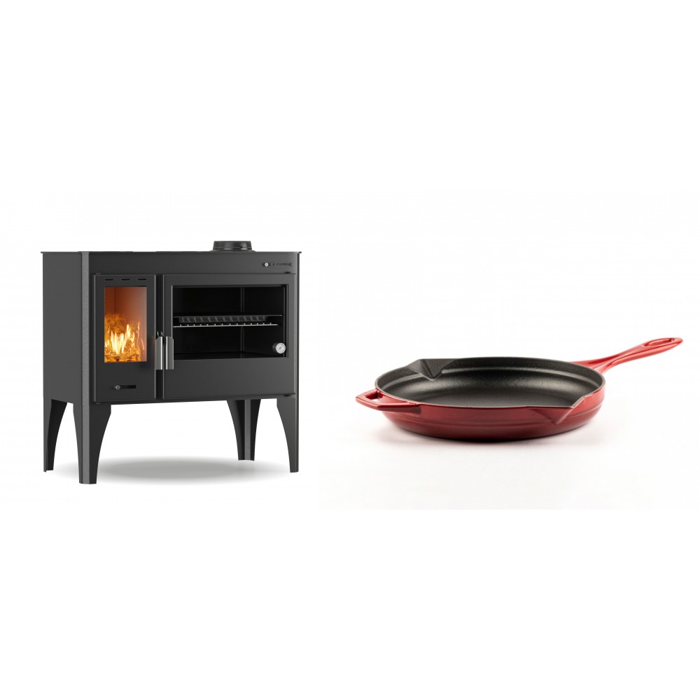 Set Küchenofen / Küchenhexe mit Backofen und Kochplatte Velmora Fire ATS ΜΑSΙΝΑ PLUS 500, 11.2kW + Emaillierte Gusseisenpfanne Solagio, Rubin, Ф24cm