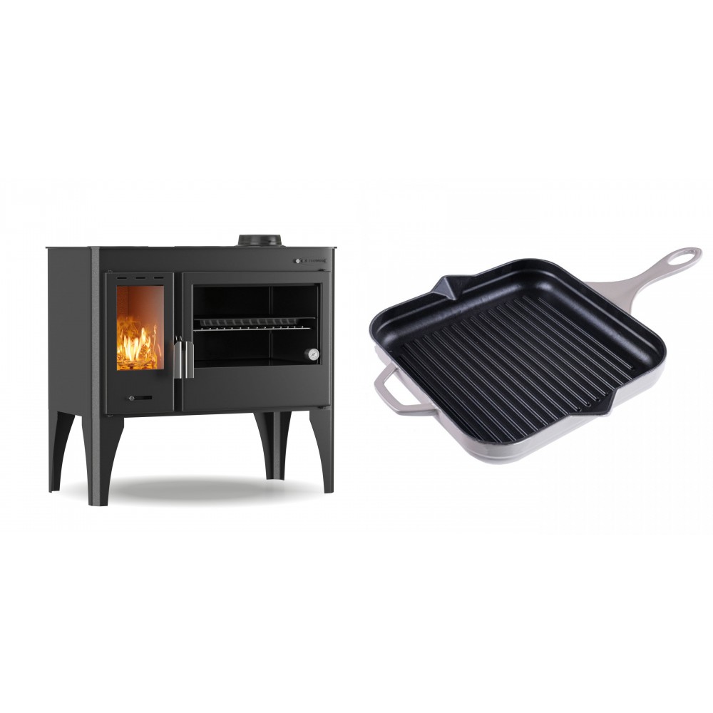 Set Küchenofen / Küchenhexe mit Backofen und Kochplatte Velmora Fire ATS ΜΑSΙΝΑ PLUS 500, 11.2kW + Emaillierte grillpfanne Gusseisen Solagio, Ivory, 28x28cm