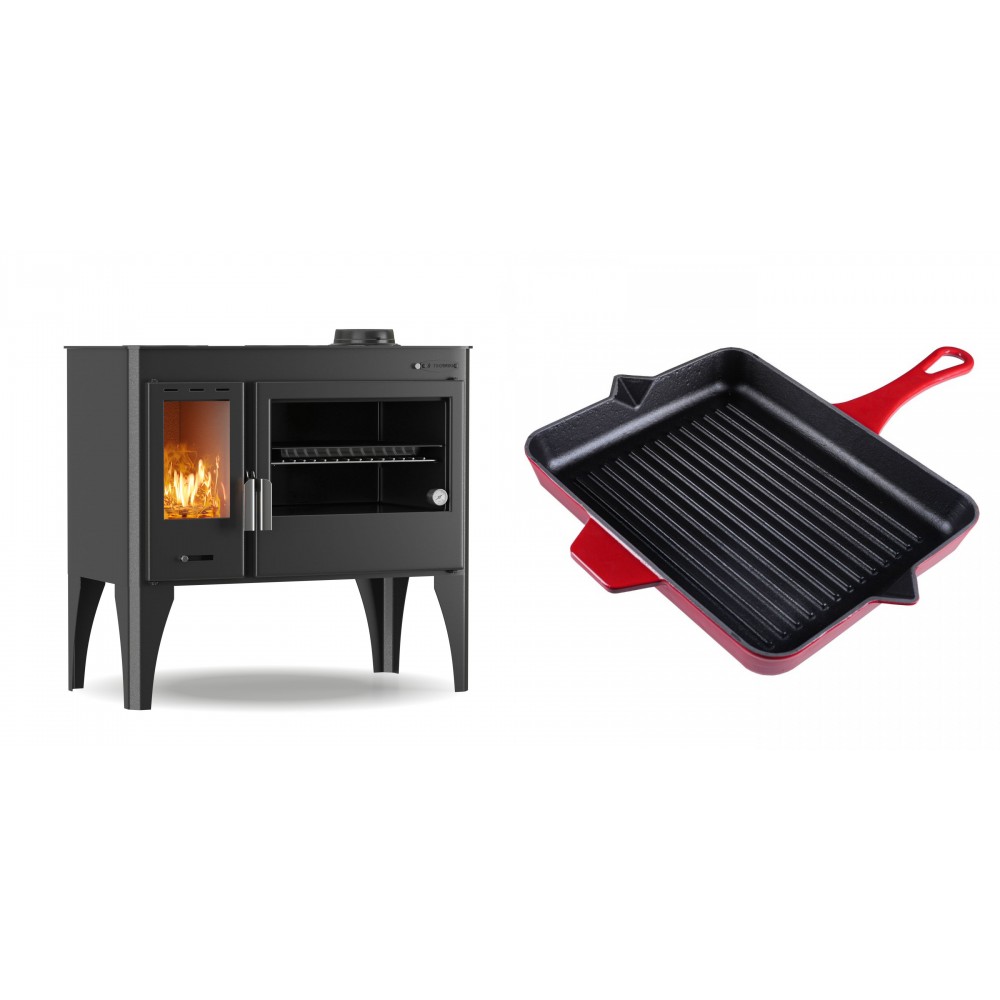 Set Küchenofen / Küchenhexe mit Backofen und Kochplatte Velmora Fire ATS ΜΑSΙΝΑ PLUS 500, 11.2kW + Emaillierte grillpfanne Gusseisen Solagio, Rubin, 26x32cm | Holzofen | Kaminofen |