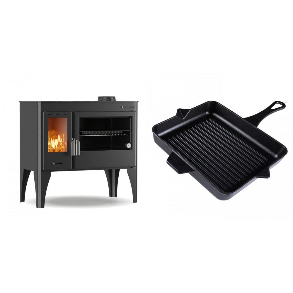 Set Küchenofen / Küchenhexe mit Backofen und Kochplatte Velmora Fire ATS ΜΑSΙΝΑ PLUS 500, 11.2kW + Emaillierte grillpfanne Gusseisen Solagio, Black Onyx, 26x32cm