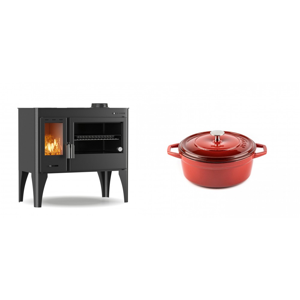 Set Küchenofen / Küchenhexe mit Backofen und Kochplatte Velmora Fire ATS ΜΑSΙΝΑ PLUS 500, 11.2kW + Gusseisen Topf Tiefer Solagio, Rubin, Ф12 | Holzofen | Kaminofen |