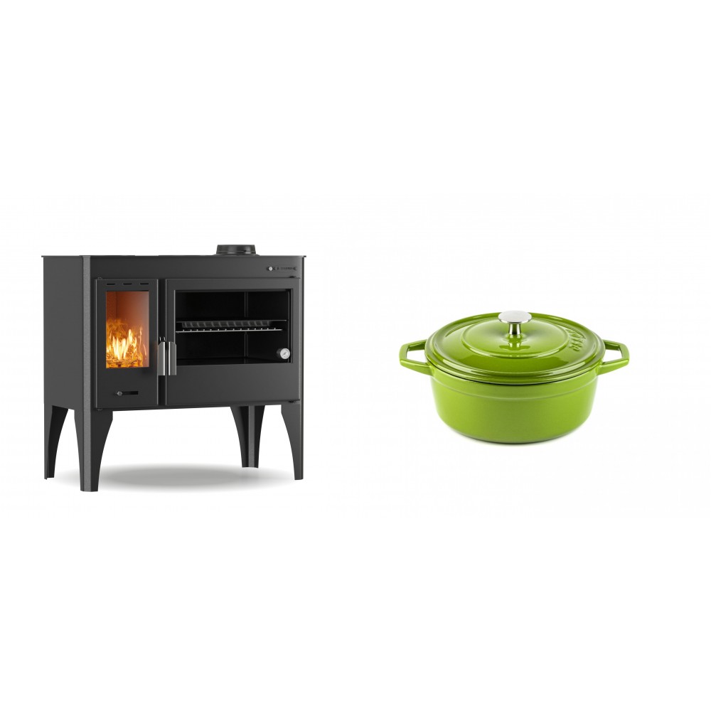 Set Küchenofen / Küchenhexe mit Backofen und Kochplatte Velmora Fire ATS ΜΑSΙΝΑ PLUS 500, 11.2kW + Gusseisen Topf Tiefer Solagio, Bamboo, Ф12