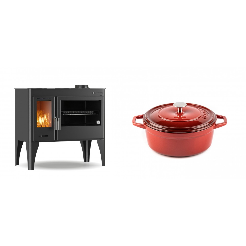 Set Küchenofen / Küchenhexe mit Backofen und Kochplatte Velmora Fire ATS ΜΑSΙΝΑ PLUS 500, 11.2kW + Gusseisen Topf Tiefer Solagio, Rubin, Ф20 | Holzofen | Kaminofen |