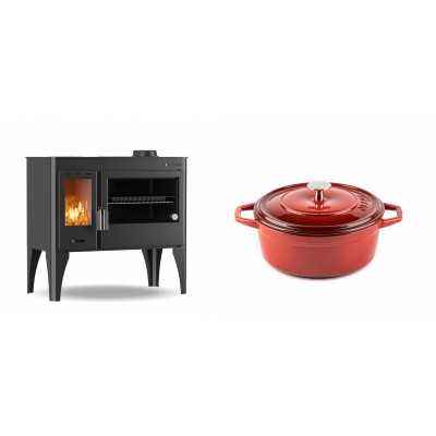 Set Küchenofen / Küchenhexe mit Backofen und Kochplatte Velmora Fire ATS ΜΑSΙΝΑ PLUS 500, 11.2kW + Gusseisen Topf Tiefer Solagio, Rubin, Ф20 - Kaminofen - Holzofen mit Backfach
