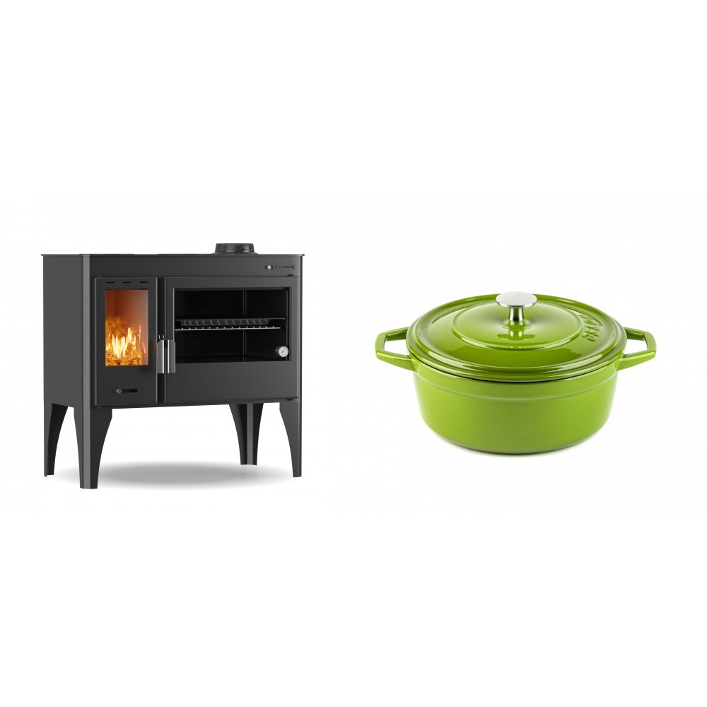 Set Küchenofen / Küchenhexe mit Backofen und Kochplatte Velmora Fire ATS ΜΑSΙΝΑ PLUS 500, 11.2kW + Gusseisen Topf Tiefer Solagio, Bamboo, Ф20