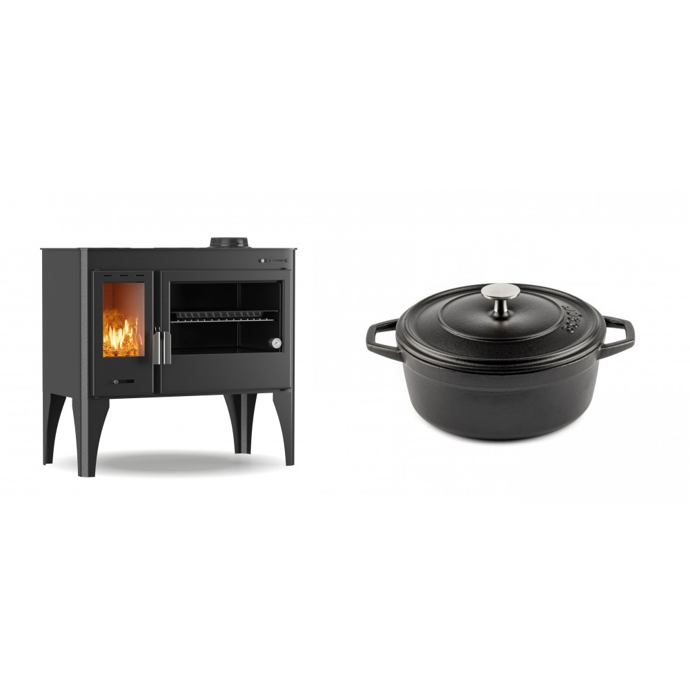 Set Küchenofen / Küchenhexe mit Backofen und Kochplatte Velmora Fire ATS ΜΑSΙΝΑ PLUS 500, 11.2kW + Gusseisen Topf Tiefer Solagio, Black Onyx, Ф20 | Holzofen | Kaminofen |