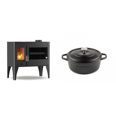 Set Küchenofen / Küchenhexe mit Backofen und Kochplatte Velmora Fire ATS ΜΑSΙΝΑ PLUS 500, 11.2kW + Gusseisen Topf Tiefer Solagio, Black Onyx, Ф20 - Kaminofen - Holzofen mit Backfach