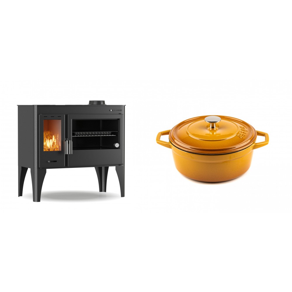 Set Küchenofen / Küchenhexe mit Backofen und Kochplatte Velmora Fire ATS ΜΑSΙΝΑ PLUS 500, 11.2kW + Gusseisen Topf Tiefer Solagio, Dijon, Ф20