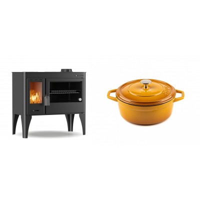 Set Küchenofen / Küchenhexe mit Backofen und Kochplatte Velmora Fire ATS ΜΑSΙΝΑ PLUS 500, 11.2kW + Gusseisen Topf Tiefer Solagio, Dijon, Ф20 - Kaminofen - Holzofen mit Backfach