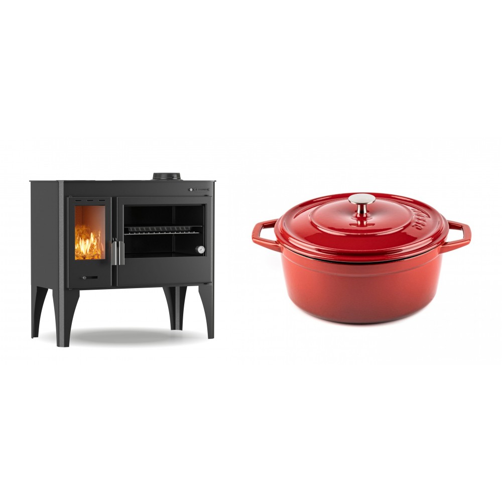 Set Küchenofen / Küchenhexe mit Backofen und Kochplatte Velmora Fire ATS ΜΑSΙΝΑ PLUS 500, 11.2kW + Gusseisen Topf Tiefer Solagio, Rubin, Ф24