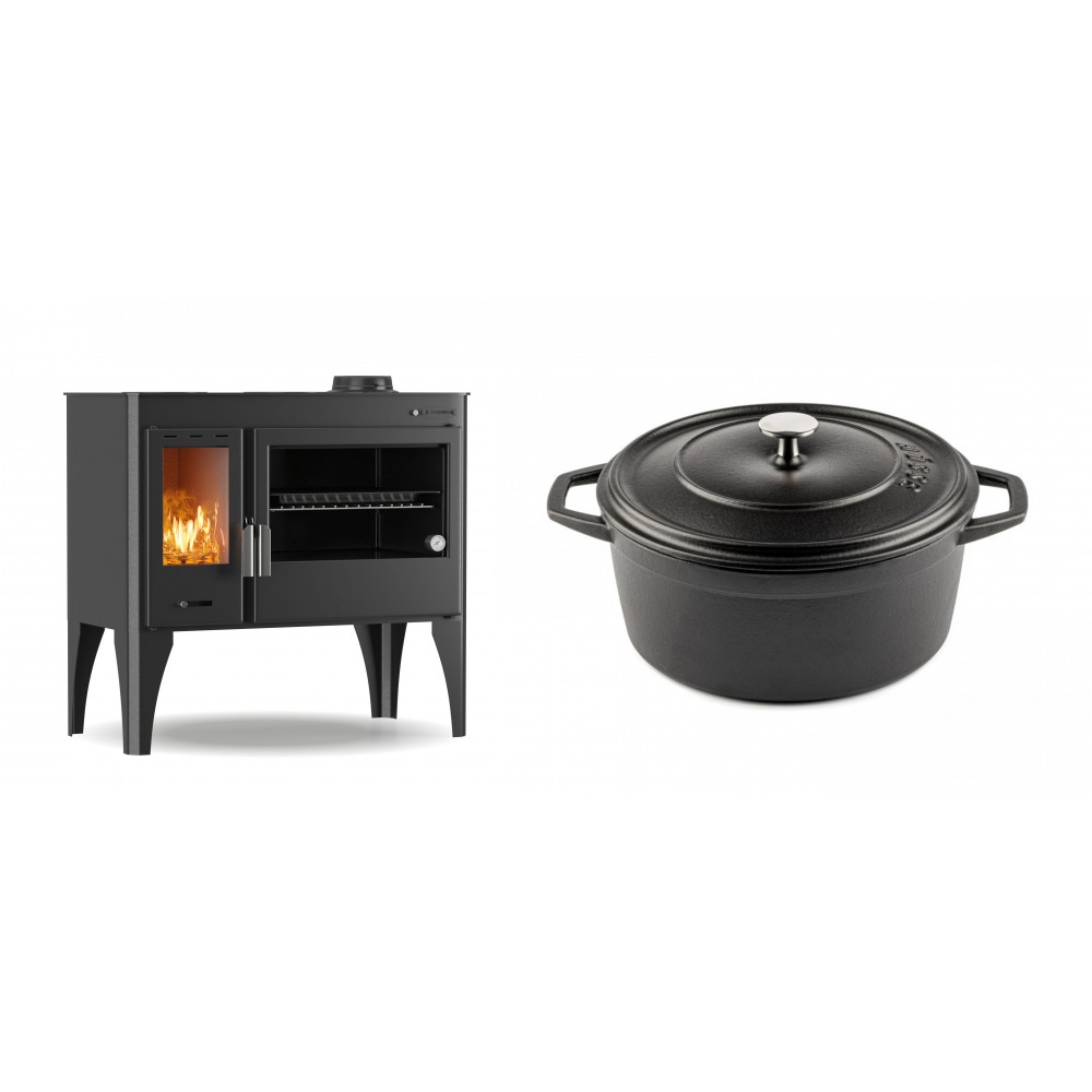 Set Küchenofen / Küchenhexe mit Backofen und Kochplatte Velmora Fire ATS ΜΑSΙΝΑ PLUS 500, 11.2kW + Gusseisen Topf Tiefer Solagio, Black Onyx, Ф24