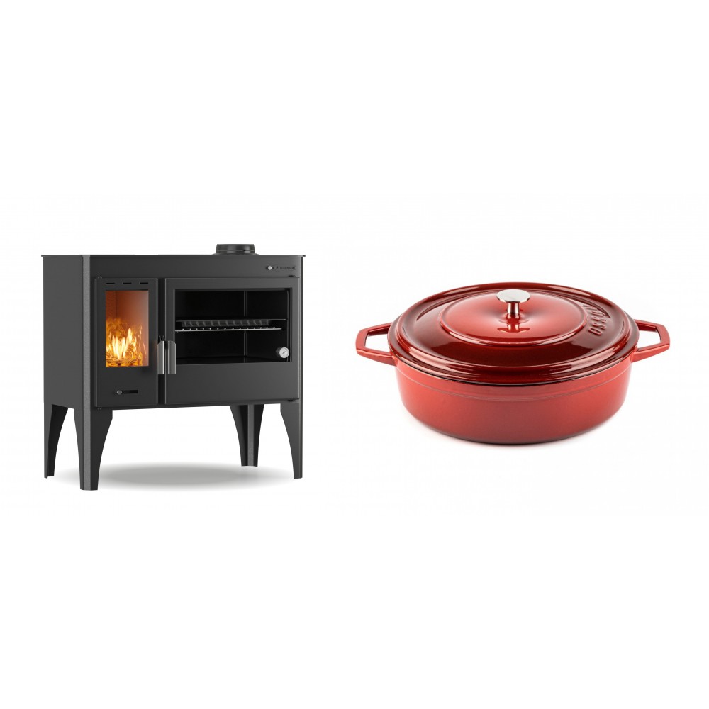Set Küchenofen / Küchenhexe mit Backofen und Kochplatte Velmora Fire ATS ΜΑSΙΝΑ PLUS 500, 11.2kW + Gusseisen Topf Flach Solagio, Rubin, Ф26