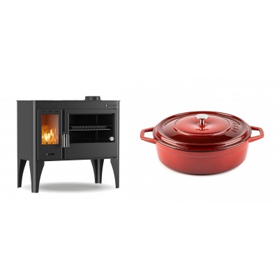 Set Küchenofen / Küchenhexe mit Backofen und Kochplatte Velmora Fire ATS ΜΑSΙΝΑ PLUS 500, 11.2kW + Gusseisen Topf Flach Solagio, Rubin, Ф26 - Kaminofen - Holzofen mit Backfach
