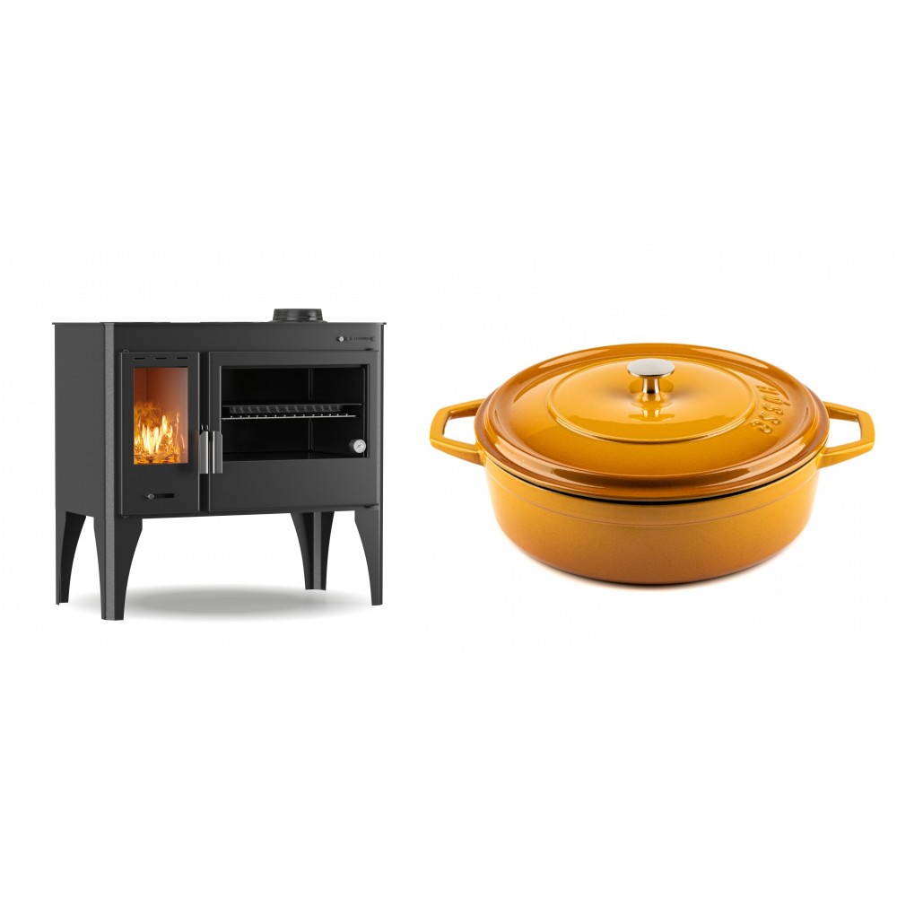 Set Küchenofen / Küchenhexe mit Backofen und Kochplatte Velmora Fire ATS ΜΑSΙΝΑ PLUS 500, 11.2kW + Gusseisen Topf Flach Solagio, Dijon, Ф28 | Holzofen | Kaminofen |
