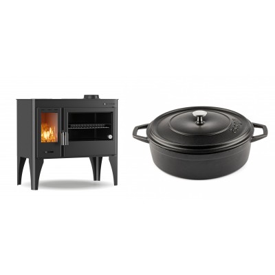 Set Küchenofen / Küchenhexe mit Backofen und Kochplatte Velmora Fire ATS ΜΑSΙΝΑ PLUS 500, 11.2kW + Gusseisen Topf Flach Solagio, Black Onyx, Ф28 - Kaminofen - Holzofen mit Backfach