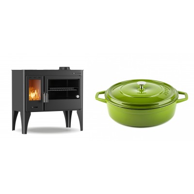 Set Küchenofen / Küchenhexe mit Backofen und Kochplatte Velmora Fire ATS ΜΑSΙΝΑ PLUS 500, 11.2kW + Gusseisen Topf Flach Solagio, Bamboo, Ф28 - Kaminofen - Holzofen mit Backfach
