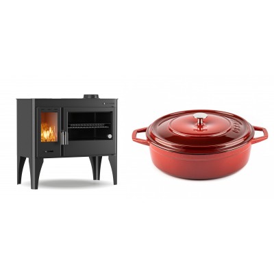 Set Küchenofen / Küchenhexe mit Backofen und Kochplatte Velmora Fire ATS ΜΑSΙΝΑ PLUS 500, 11.2kW + Gusseisen Topf Flach Solagio, Rubin, Ф28 - Kaminofen - Holzofen mit Backfach