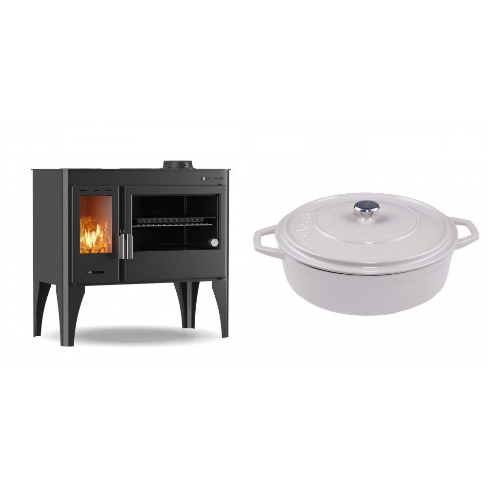 Set Küchenofen / Küchenhexe mit Backofen und Kochplatte Velmora Fire ATS ΜΑSΙΝΑ PLUS 500, 11.2kW + Gusseisen Topf Flach Solagio, Ivory, Ф28