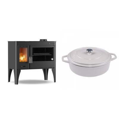Set Küchenofen / Küchenhexe mit Backofen und Kochplatte Velmora Fire ATS ΜΑSΙΝΑ PLUS 500, 11.2kW + Gusseisen Topf Flach Solagio, Ivory, Ф28 - Kaminofen - Holzofen mit Backfach