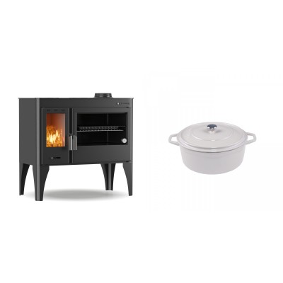 Set Küchenofen / Küchenhexe mit Backofen und Kochplatte Velmora Fire ATS ΜΑSΙΝΑ PLUS 500, 11.2kW + Gusseisen Topf Tiefer Solagio, Ivory, Ф12 - Kaminofen - Holzofen mit Backfach