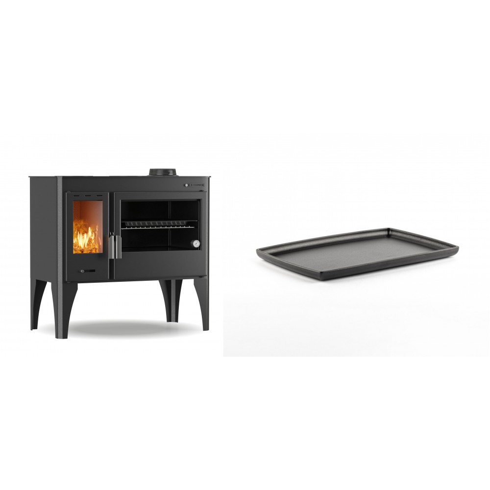 Set Küchenofen / Küchenhexe mit Backofen und Kochplatte Velmora Fire ATS ΜΑSΙΝΑ PLUS 500, 11.2kW + Rechteckige Servierplatte aus Gusseisen Solagio, 21x31cm | Holzofen | Kaminofen |