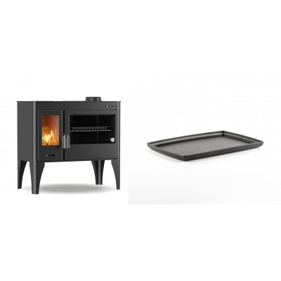 Set Küchenofen / Küchenhexe mit Backofen und Kochplatte Velmora Fire ATS ΜΑSΙΝΑ PLUS 500, 11.2kW + Rechteckige Servierplatte aus Gusseisen Solagio, 21x31cm - Kaminofen - Holzofen mit Backfach
