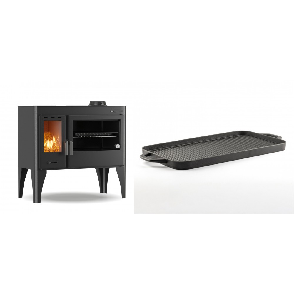 Set Küchenofen / Küchenhexe mit Backofen und Kochplatte Velmora Fire ATS ΜΑSΙΝΑ PLUS 500, 11.2kW + Große Grillplatte aus Gusseisen Solagio, 25x44cm
