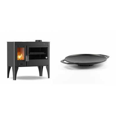 Set Küchenofen / Küchenhexe mit Backofen und Kochplatte Velmora Fire ATS ΜΑSΙΝΑ PLUS 500, 11.2kW + Backplatte aus Gusseisen Solagio, Ф28cm - Kaminofen - Holzofen mit Backfach