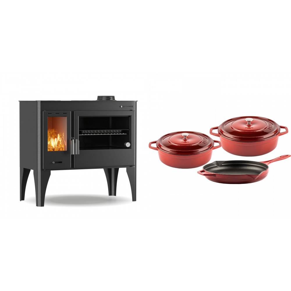 Set Küchenofen / Küchenhexe mit Backofen und Kochplatte Velmora Fire ATS ΜΑSΙΝΑ PLUS 500, 11.2kW + Gusseisen Topf Set aus 3 teilen Solagio, Rubin | Holzofen | Kaminofen |