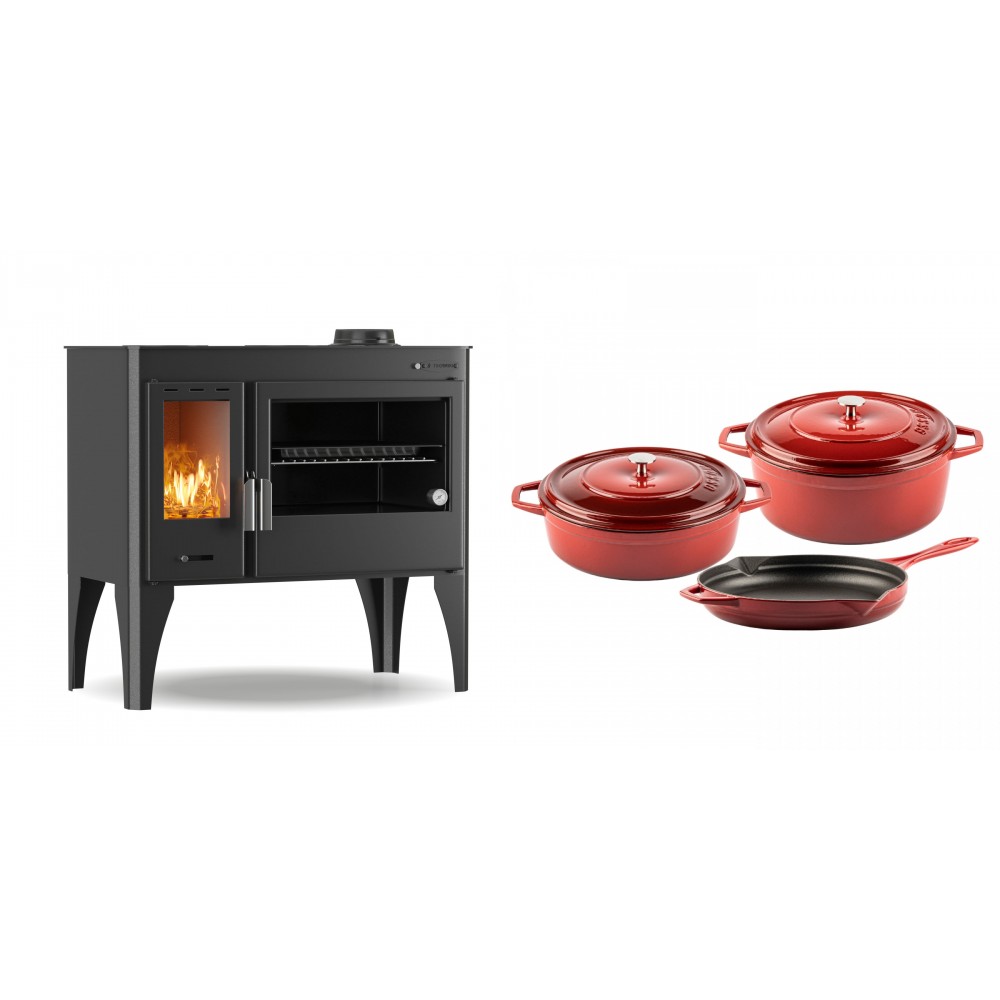Set Küchenofen / Küchenhexe mit Backofen und Kochplatte Velmora Fire ATS ΜΑSΙΝΑ PLUS 500, 11.2kW + Gusseisen Topf Set aus 3 teilen Solagio, Rubin