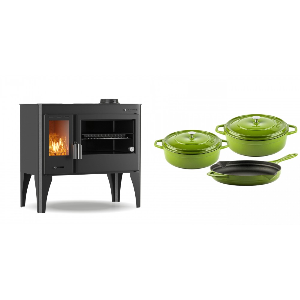 Set Küchenofen / Küchenhexe mit Backofen und Kochplatte Velmora Fire ATS ΜΑSΙΝΑ PLUS 500, 11.2kW + Gusseisen Topf Set aus 3 teilen Solagio, Bamboo