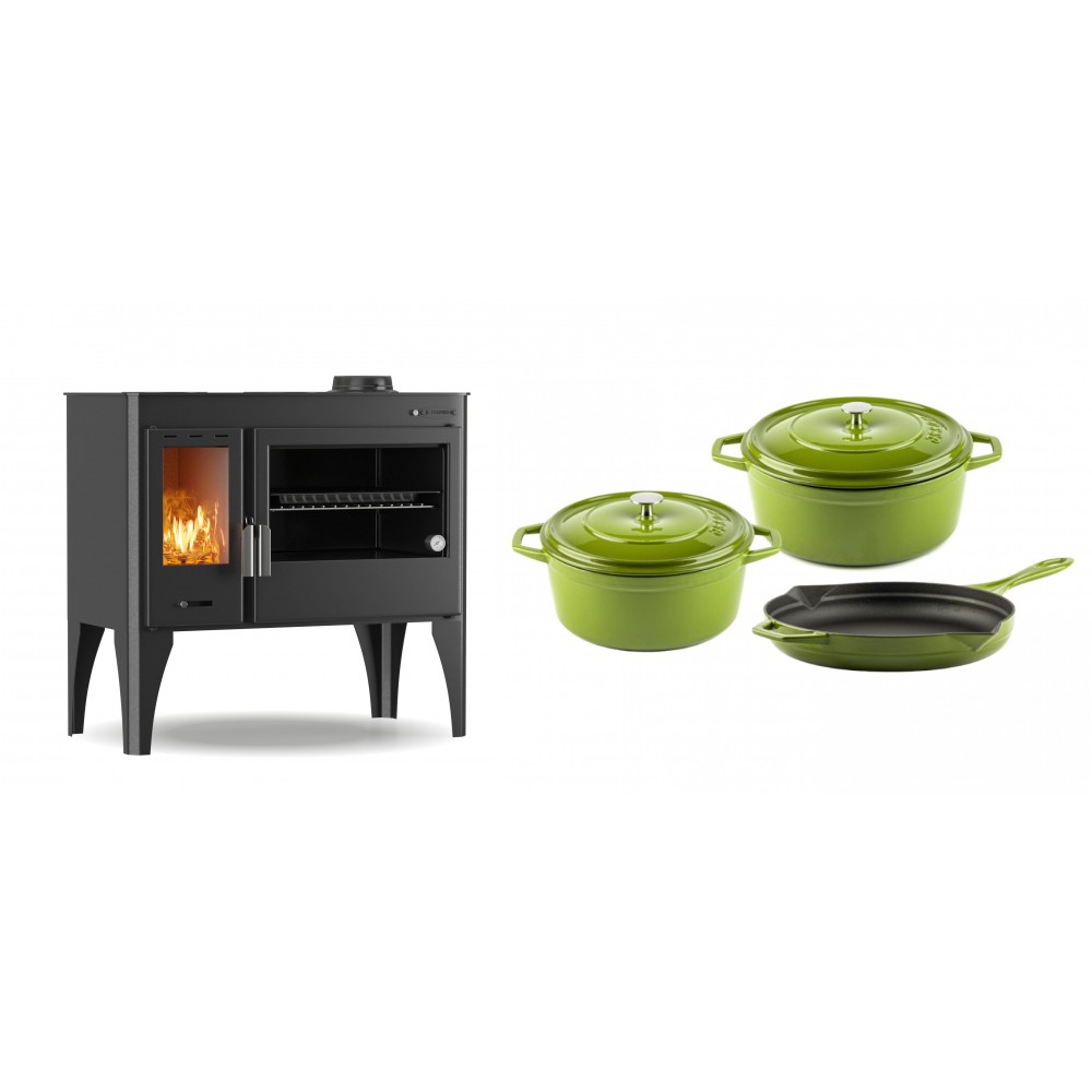 Set Küchenofen / Küchenhexe mit Backofen und Kochplatte Velmora Fire ATS ΜΑSΙΝΑ PLUS 500, 11.2kW + Gusseisen Topf Set aus 3 teilen Solagio, Bamboo