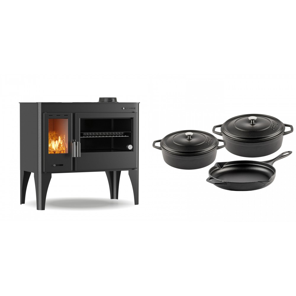 Set Küchenofen / Küchenhexe mit Backofen und Kochplatte Velmora Fire ATS ΜΑSΙΝΑ PLUS 500, 11.2kW + Gusseisen Topf Set aus 3 teilen Solagio, Black Onyx