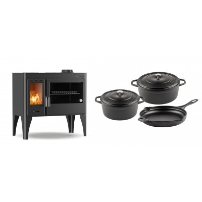 Set Küchenofen / Küchenhexe mit Backofen und Kochplatte Velmora Fire ATS ΜΑSΙΝΑ PLUS 500, 11.2kW + Gusseisen Topf Set aus 3 teilen Solagio, Black Onyx - Kaminofen - Holzofen mit Backfach
