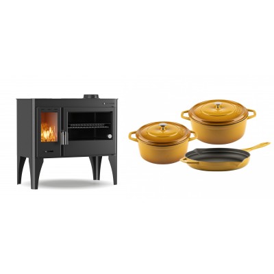 Set Küchenofen / Küchenhexe mit Backofen und Kochplatte Velmora Fire ATS ΜΑSΙΝΑ PLUS 500, 11.2kW + Gusseisen Topf Set aus 3 teilen Solagio, Dijon - Kaminofen - Holzofen mit Backfach