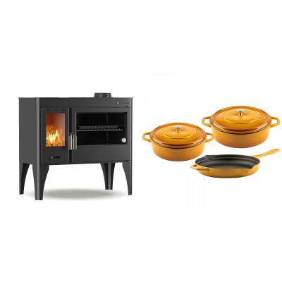 Set Küchenofen / Küchenhexe mit Backofen und Kochplatte Velmora Fire ATS ΜΑSΙΝΑ PLUS 500, 11.2kW + Gusseisen Topf Set aus 3 teilen Solagio, Dijon - Kaminofen - Holzofen mit Backfach