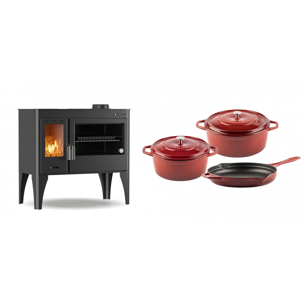 Set Küchenofen / Küchenhexe mit Backofen und Kochplatte Velmora Fire ATS ΜΑSΙΝΑ PLUS 500, 11.2kW + Gusseisen Topf Set aus 3 teilen Solagio, Rubin | Holzofen | Kaminofen |