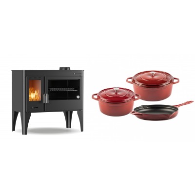 Set Küchenofen / Küchenhexe mit Backofen und Kochplatte Velmora Fire ATS ΜΑSΙΝΑ PLUS 500, 11.2kW + Gusseisen Topf Set aus 3 teilen Solagio, Rubin - Kaminofen - Holzofen mit Backfach